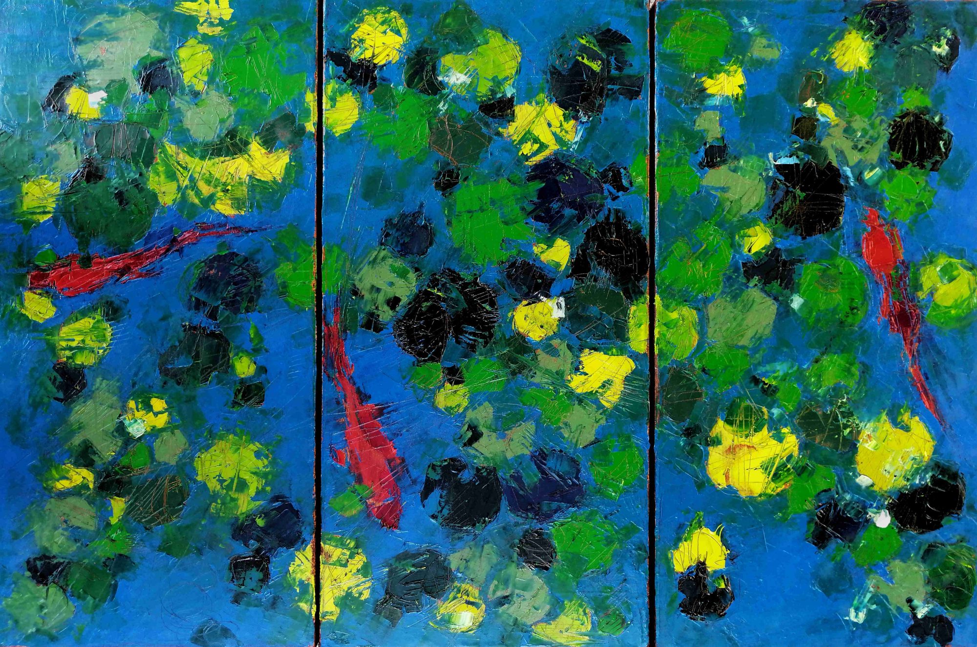 WEB_Ninfee e pesci rossi – trittico -60×30+30+30 – olio su tela – 2020 – Copia